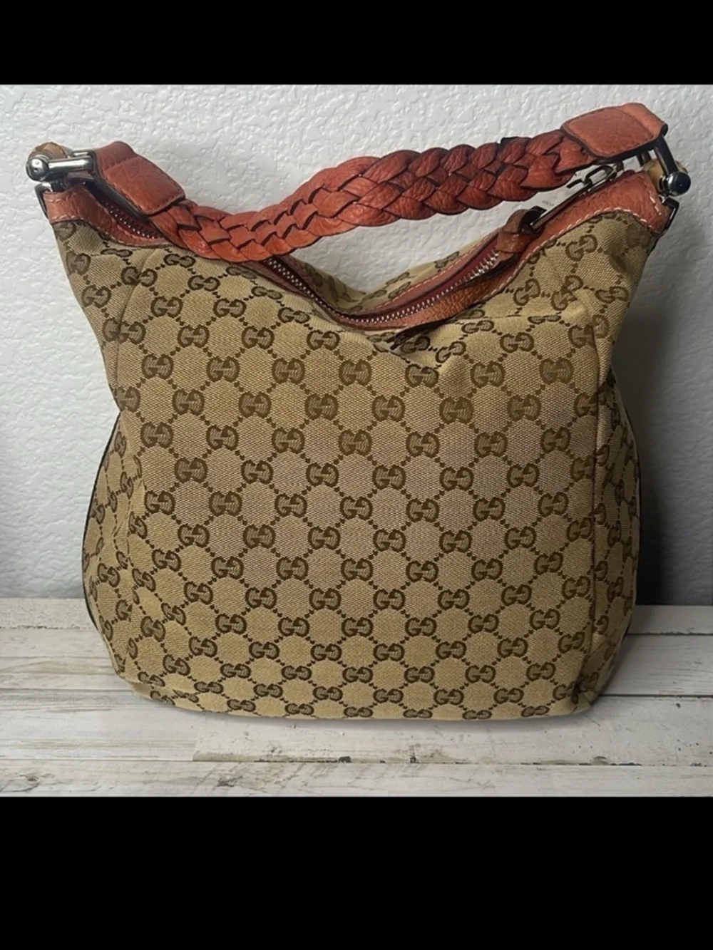 Gucci GG Canvas Bamboo Bar Hobo Bag Braided Strap Vintage